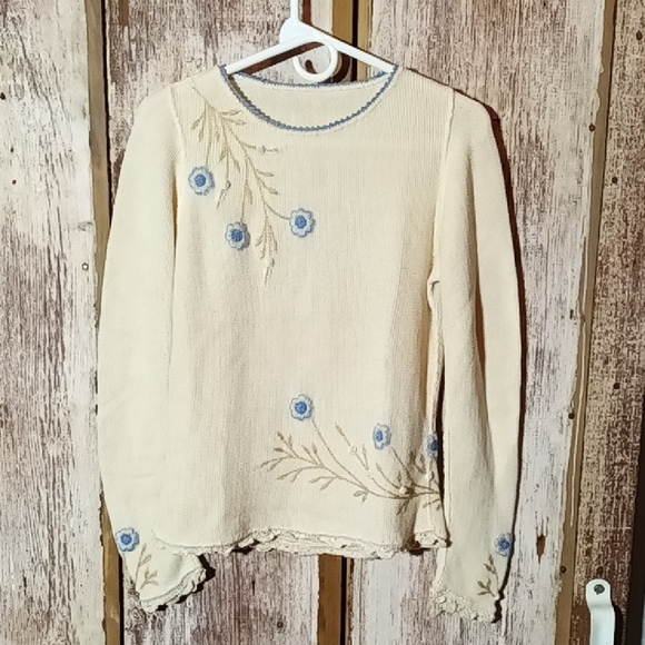 None Sweaters - Vintage Grannyknit Cottagecore Floral Embroidered Crochet Cream Sweater